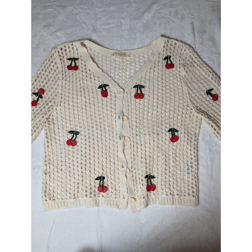 Rebellion Again Cream Crochet Cherry Embroidered Cardigan Sweater Large